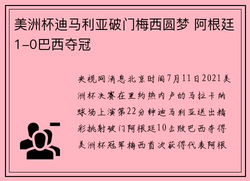 美洲杯迪马利亚破门梅西圆梦 阿根廷1-0巴西夺冠