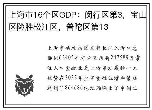 上海市16个区GDP：闵行区第3，宝山区险胜松江区，普陀区第13